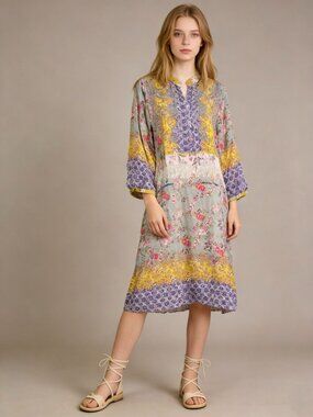 NWOT Johnny Was Floral Embroidered Multicolor V-Neck Midi Dress Size S